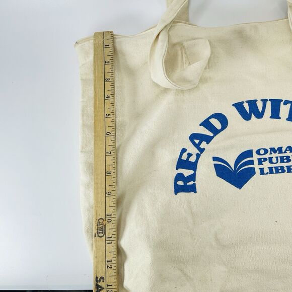 Omaha Public Library Reading Vintage Canvas Tote Bag Duffle Zipper Top 20x14 - Picture 4 of 12